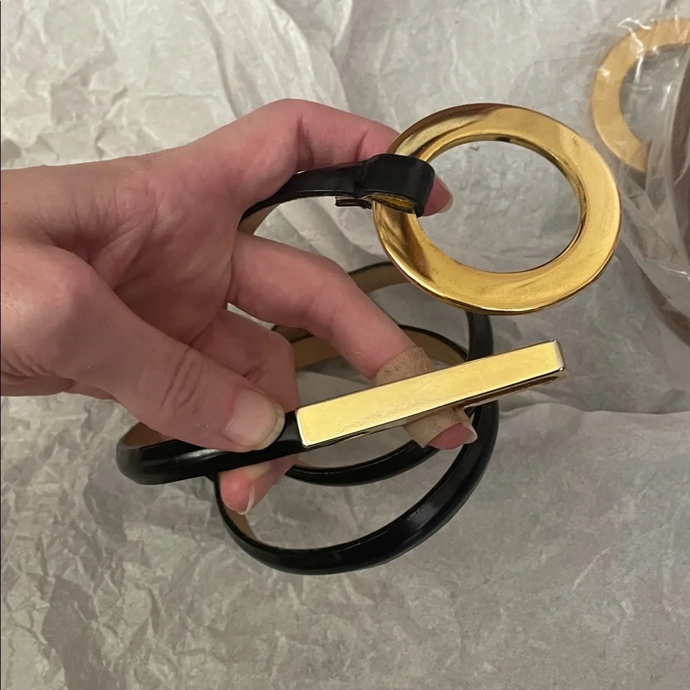 Carlisle genuine leather Gold Circle Buckle Black Leather skinny Belt adjustable